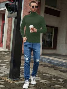 Manfinity Homme Men's Solid Color High Neck Raglan Sleeve Casual Minimalist Sweater - Army Green - View 4