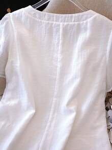 GlowEve CURVE Plus Size Women Elegant Simple Solid Color Pleated Collar Colorful Button Decor Round Neck Short Sleeve Blouse - White - View 7