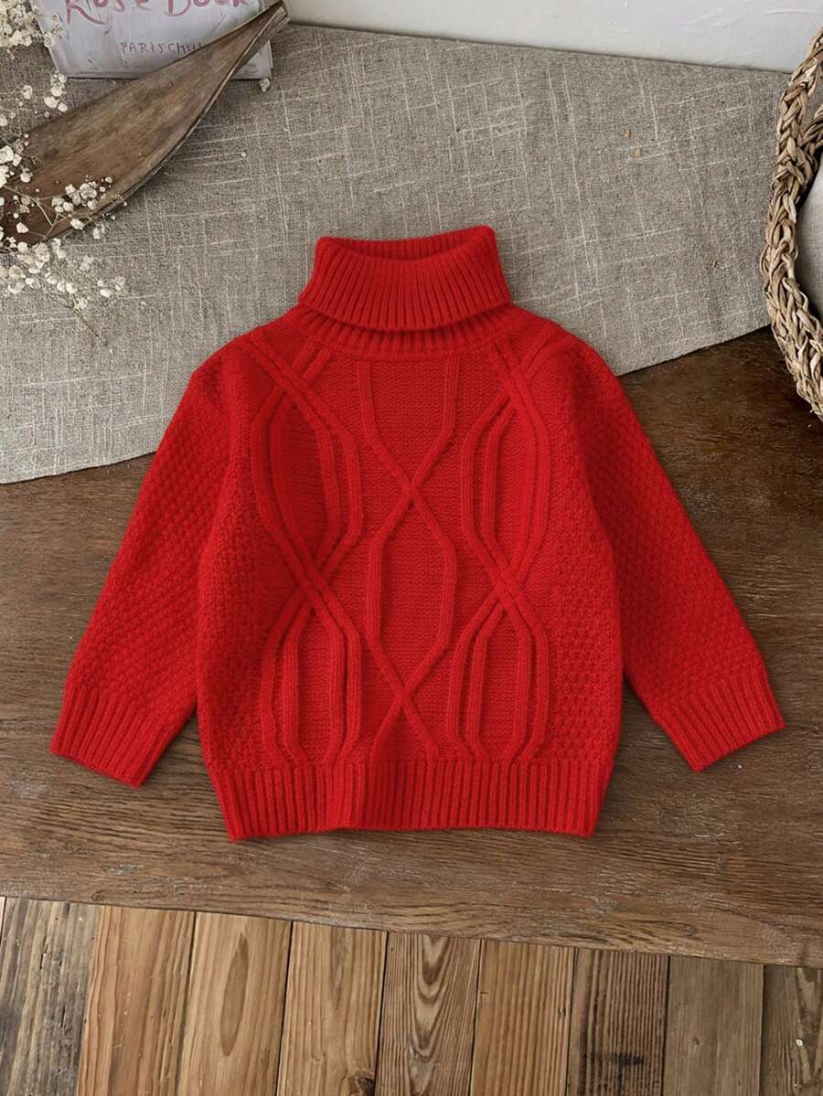 SHEIN LMoss Kids Suéter de cuello alto de manga larga, sencillo y versátil de color blanco leche, para niñas bebés, otoño/invierno - Rojo - Ver 1