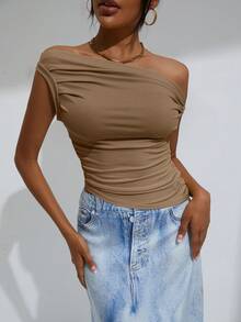 EMERY ROSE Solid Ruched Side Asymmetrical Neck Crop Top  - Mocha Brown - View 6
