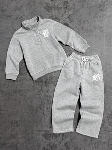 SHEIN Coolqubz 2pcs/Set Tween Boy Casual Graphic Print Zip-Up Stand Collar Sweatshirt And Straight Leg Pants Set, Suitable For Daily, Commute, School, Sports And Leisure Wear