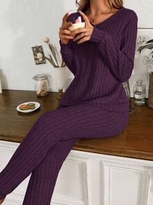 SHEIN Women's Ribbed Fleece V-Neck Long Sleeve Pajama Set - Violet Purple - View 6