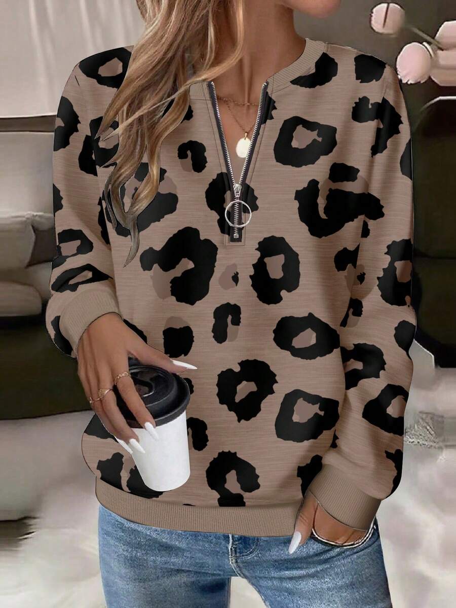 EMERY ROSE Plus Size Women Casual Minimalist Leopard Print Zip-Up Round Neck Fall Tops Sweatshirt Fall Clothes For Women Leopard Print Tops - Multicolor - View 1
