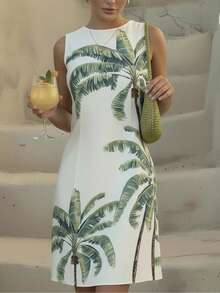 CAJUNI 女士度假棕榈树印花圆领露背无袖迷你连衣裙 - 杏色 - 查看 1