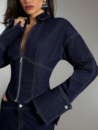 Denimoi Women's Solid Color Asymmetric Hem Fitted Zip-Up Long Sleeve Denim Jacket And Coat