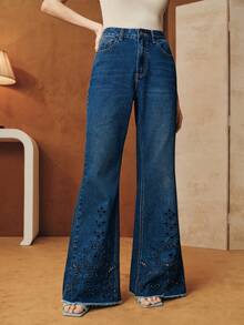 Anewsta Women's Fashion Casual Hollow Embroidered Washed Flare Jeans - Dark Wash - View 3