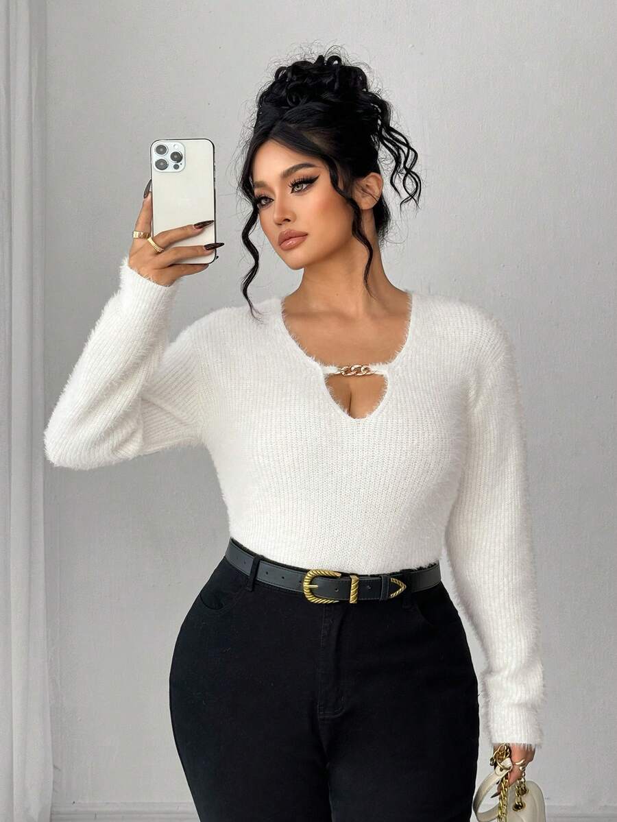 Elenzga Women's Autumn/Winter New Hollow Metal Chain Knitted Pullover Sweater Top, Fashionable Design, Soft & Comfortable Faux Mink Fur - Beige - View 1