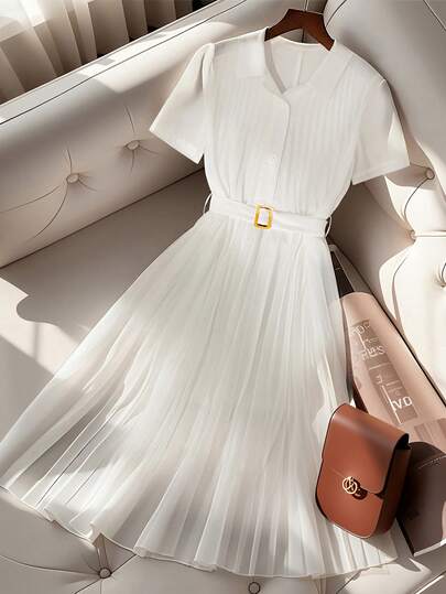 SHEIN Clasi 时尚新款法式优雅雪纺褶皱高领白色夏季短袖连衣裙
