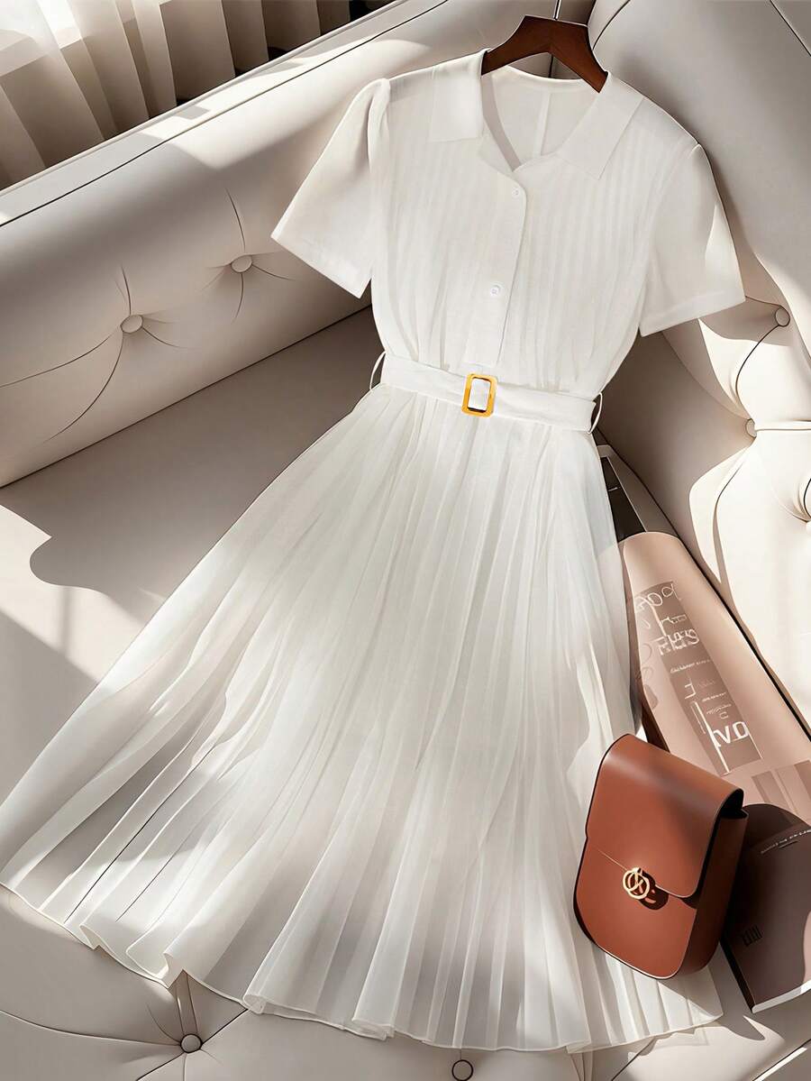 SHEIN Clasi Stylish New French Elegant Chiffon Pleated Polo Collar White Summer Short Sleeve Dress - White - View 1
