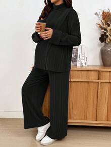 SHEIN 2件套孕妇休闲长袖上衣和裤子套装 - 黑色 - 查看 7