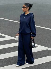 SHEIN EZwear 休闲宽松连帽衫和运动裤字母印花街头风套装，大码，秋冬款 - 藏蓝色 - 查看 6