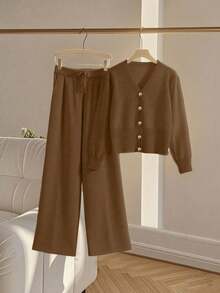 Franclia 2 件套女士休闲宽松针织毛衣和裤子家居服套装，舒适简约的设计 - 巧克力棕 - 查看 7