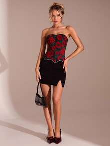 SHEIN Glamour 女士Y2K花卉图案弧形下摆时尚抹胸上衣 - 黑色 - 查看 4