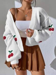 Cárdigan tipo duster de hombros caídos con estampado de cerezas, blusa de manga larga - Blanco - Ver 2