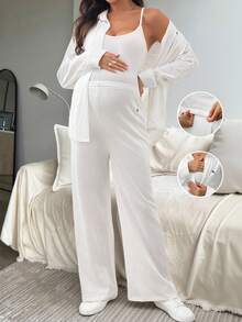 SHEIN 2pcs Maternity & Nursing White Autumn Casual Everyday Solid Color Button Front Shirt And Pants Set,Pregnancy Clothing Sleepwear Lounge Set Easycomfort - White - View 1