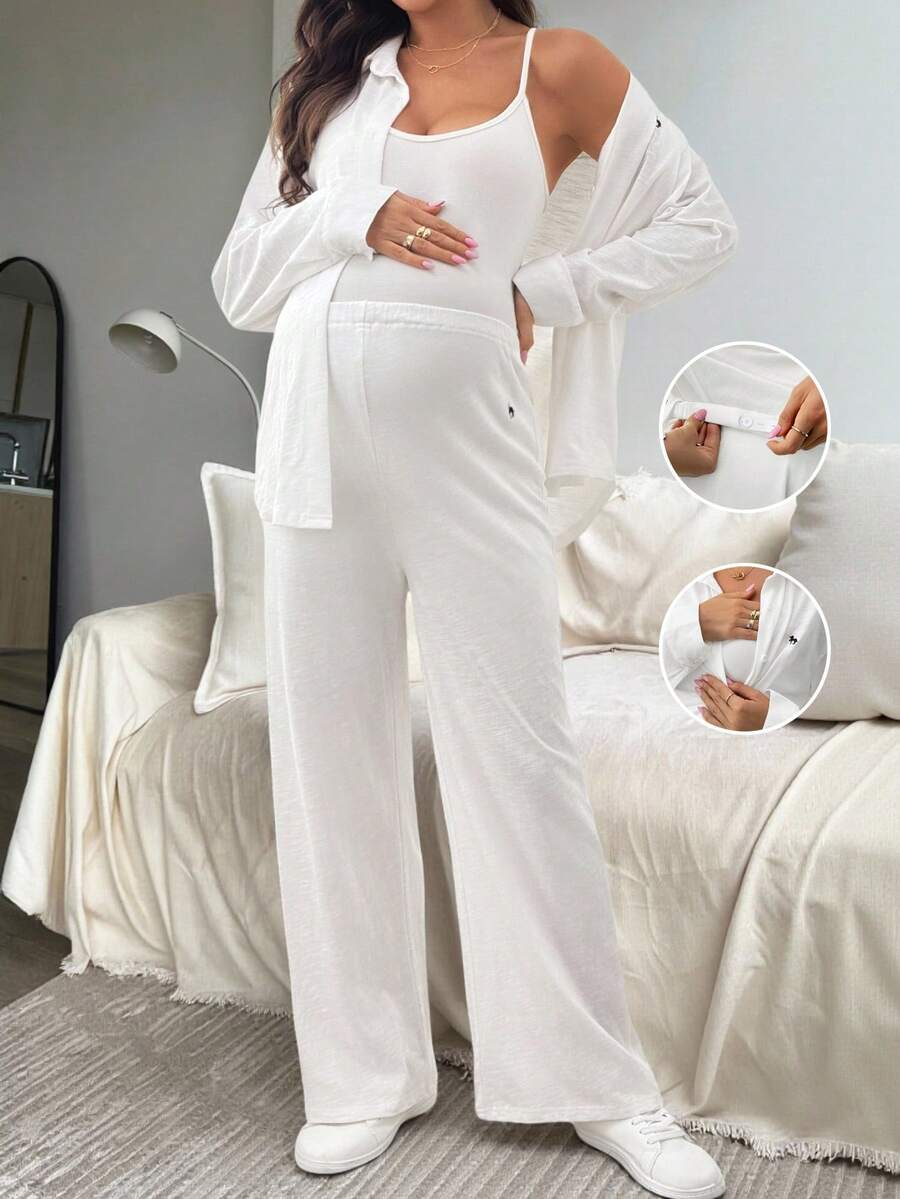 SHEIN 2pcs Maternity & Nursing White Autumn Casual Everyday Solid Color Button Front Shirt And Pants Set,Pregnancy Clothing Sleepwear Lounge Set Easycomfort - White - View 1