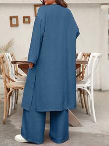EMERY ROSE Plus Size Long Shirt Cardigan Top And Straight Leg Pants Two Pieces Casual Vacation Set - Blue - View 2