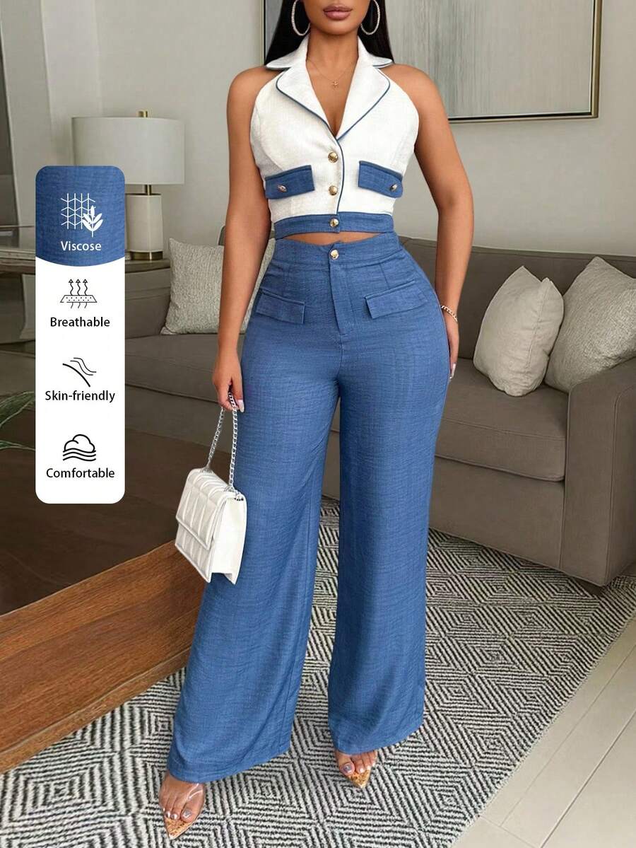 SHEIN Clasi Conjunto elegante de negocios casuales para mujer - Top de chaleco ajustado con decoración de solapa texturizada y botones metálicos sexy, y pantalones casuales largos de cintura elástica texturizada de 2 piezas, talla grande - Multicolor - View 1
