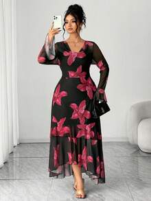 Elenzga 大码喇叭袖垂褶领印花薄纱连衣裙，适合休闲和正式场合、派对和假日，女士冬季服装，复古感恩节装扮，长袖连衣裙，冬季服装，圣诞节女士服装，圣诞连衣裙，女士连衣裙，圣诞女士连衣裙，圣诞派对连衣裙，圣诞连衣裙，圣诞套装，新年夜连衣裙，约会派对，婚礼季，情人节，新年套装 - 彩色 - 查看 4