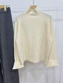 SHEIN Unity 2 件套女式杏色罗纹针织毛衣套装，长袖浅奶油色套头衫和裤子休闲简约装 - 彩色 - 查看 4