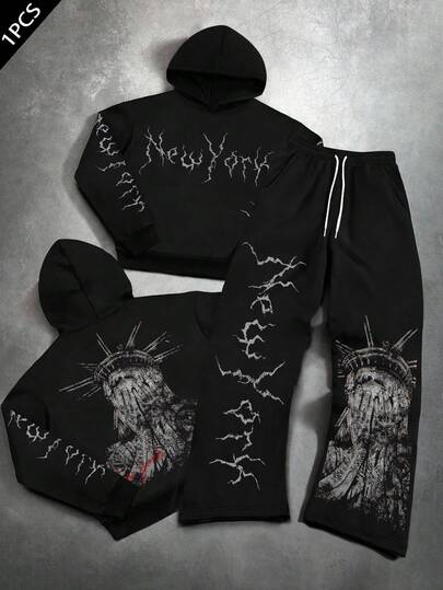 PAVTROS Set de sudadera con capucha y pantalón de chándal con eslogan de Nueva York y gráfico de la Estatua de la Libertad, estilo urbano, adecuado para otoño e invierno, 2 piezas