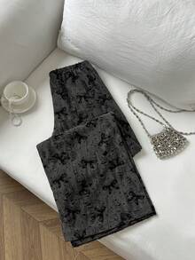 SHEIN Unity 1 件女士灰色休闲通勤纹理面料印花抽绳松紧腰口袋简约裤，时尚 - 灰色 - 查看 2