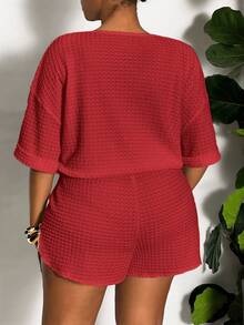 Slaydiva Conjunto informal de 2 piezas de talla grande con cintura con cordón y bajo con abertura, de unicolor, para verano - Rojo - Ver 2
