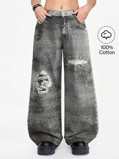 Grunge Punk Grunge-Punk Vintage Distressed Mesh Print Effect Animal Pattern Plus Size Jeans, Women Bottom Pants