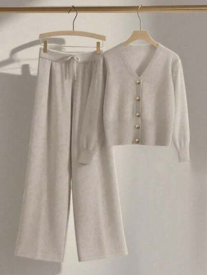 Franclia 2pcs/Set Women Casual Loose Knit Sweater & Pants Loungewear Set, Comfortable & Minimalist Design