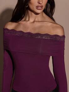 SHEIN BAE Women's Elegant Plum Purple Contrast Lace Off-Shoulder Slim-Fit Long Sleeve T-Shirt, One-Shoulder Autumn Top For Night Out,Commuter Fashion Wear - Rose Red - View 7