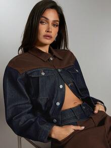Denimoi Áo khoác denim hai tông màu Colorblock thời trang cao bồi miền Tây mùa thu đông - Nhiều màu - Xem 3
