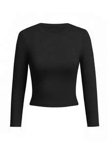 2 piezas camiseta de mujer de manga larga con cuello redondo, corta y ajustada, con diseño minimalista casual, apta para primavera/otoño - blanco y negro - Ver 4