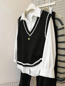 Franclia 法式复古宽松V领无袖针织撞色滚边灰色女式毛衣背心，适合秋冬季叠穿 - 黑色 - 查看 4