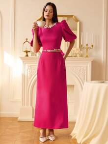 Revavyn 2pcs/Set Autumn British Style Fringe Beaded Collar Puff Sleeve Cropped Top + Skirt For Women - Hot Pink - View 3