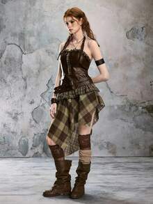 ROMWE Avant Vestido asimétrico de mujer con estampado a cuadros de piel sintética marrón oscuro en estilo retro romántico punk y distópico - Marrón - Ver 4