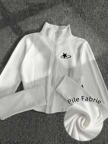 Glimmora 女式星空印花羊毛轻便夹克，休闲街头风格拉链修身长袖外套，秋季 - 白色 - 查看 1