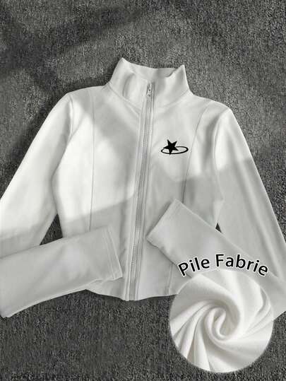 Glimmora Chaqueta ligera de forro polar con estampado estrellado para mujer, abrigo de manga larga con cierre de cremallera, estilo casual de calle, ajuste delgado, otoño