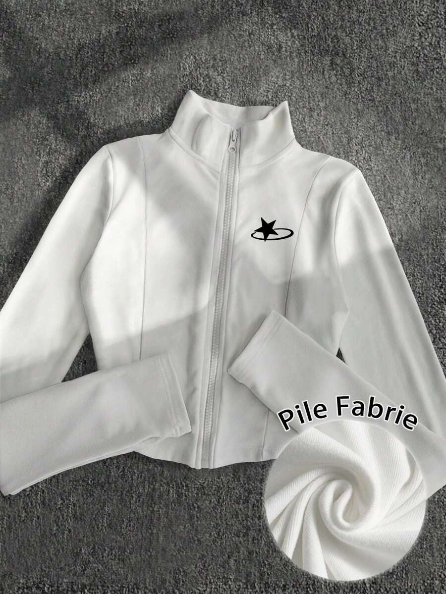 Glimmora 女式星空印花羊毛轻便夹克，休闲街头风格拉链修身长袖外套，秋季 - 白色 - 查看 1