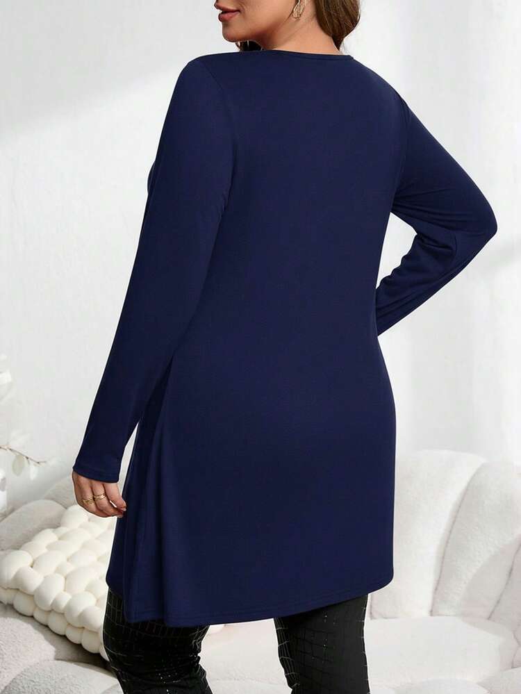 プラスサイズ レッド アシンメトリーヘム ボタンダウン ロングTシャツ、秋の女性服