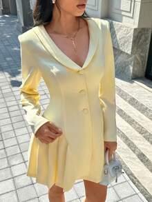 Chiquease Fashionable Crew Neck Side Pleated Short Dress - Yellow - View 3