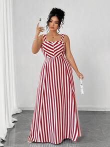 Elenzga 女士优雅无袖条纹连衣裙，夏季 - 紅色 - 查看 1