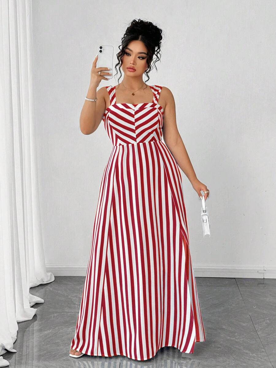 Elenzga 女士优雅无袖条纹连衣裙，夏季 - 紅色 - 查看 1