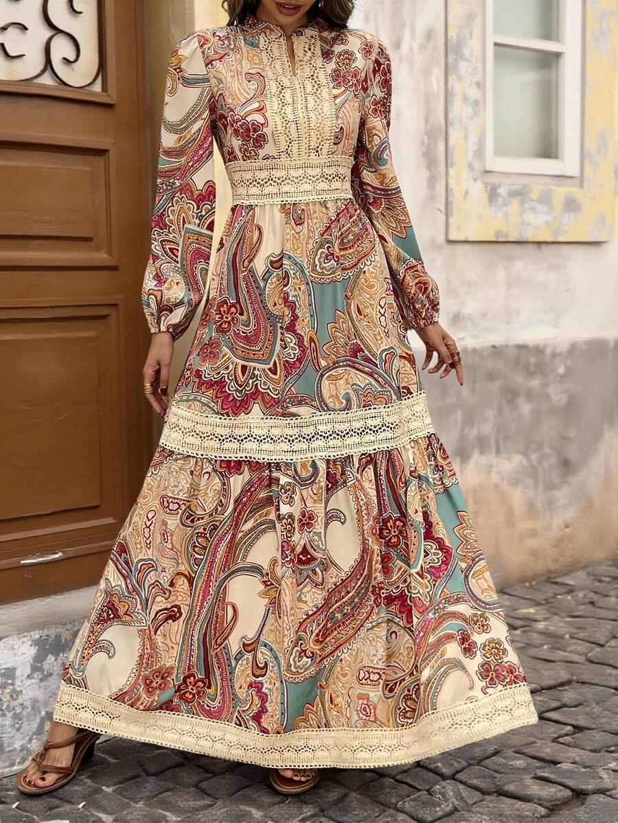 Brillora 女士花卉印花 V 领拼接蕾丝连衣裙，优雅度假，长袖连衣裙，通勤，极简主义，办公室，老款，简单，纽扣连衣裙，秋季女装，冬季内外连衣裙，教师连衣裙