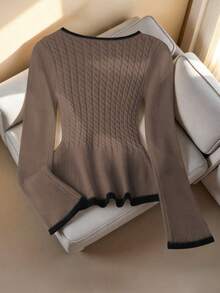 SHEIN Franclia Áo len dệt kim tay dài co giãn cổ vuông thanh lịch kiểu Pháp, áo len tay bồng phối màu tương phản dễ thương mặc hàng ngày, áo len dệt kim viền nhún bèo cho mùa thu/đông, áo nữ phong cách đồng quê, áo len thanh lịch cho quý cô, áo len chui đầu Giáng sinh, áo len dệt kim mùa đông cho nữ - Màu nâu  Mocha - Xem 2