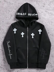 SHEIN Coolqubz 青少年男孩连帽 Y2K 街头风拉链运动衫，万圣节字母印花 - 黑色 - 查看 8