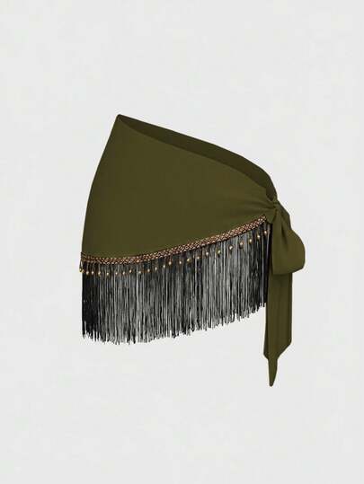 Gonna copri-costume da donna stile retrò hippie, per festival musicali western, con stampa paisley, orlo con coulisse, trasparente, con frange e perline