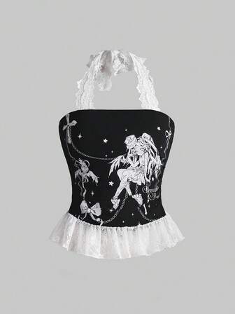 Camiseta de tirantes con cuello halter, estilo oscuro de anime, con parches de encaje y lazo, y contraste de colores