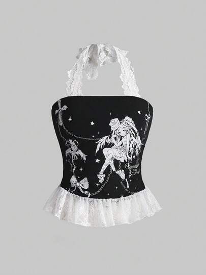 Damen Anime Dark Style Kreuz & Schleife Spitze Patchwork Kontrast Farbe Trägertop