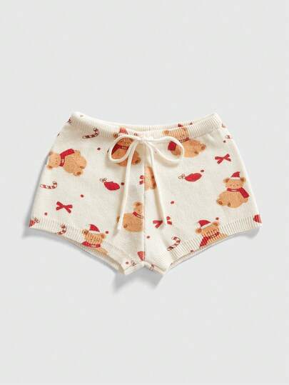 Kawaii Women's Cartoon Bear Pattern Drawstring Waist Casual Knit Shorts