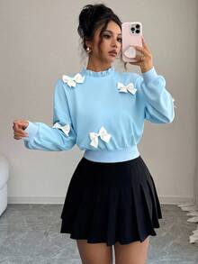 Elenzga Áo nỉ ngắn họa tiết nơ tối giản thời trang thu đông mới cho nữ - Màu xanh nhạt - Xem 6